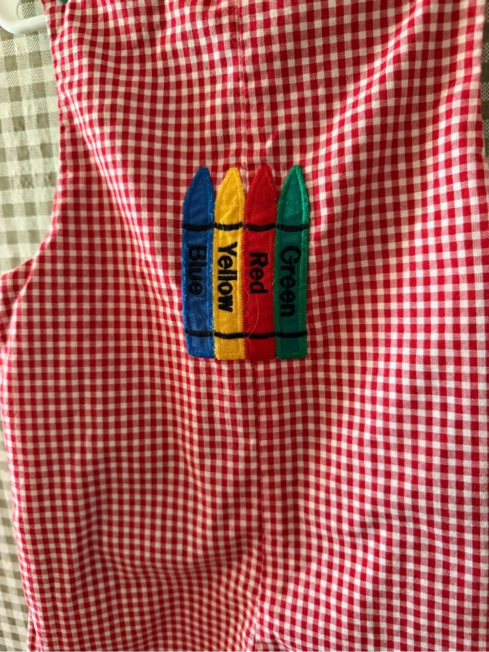 Red Gingham Kids' Crayon Applique Overalls - Unbranded